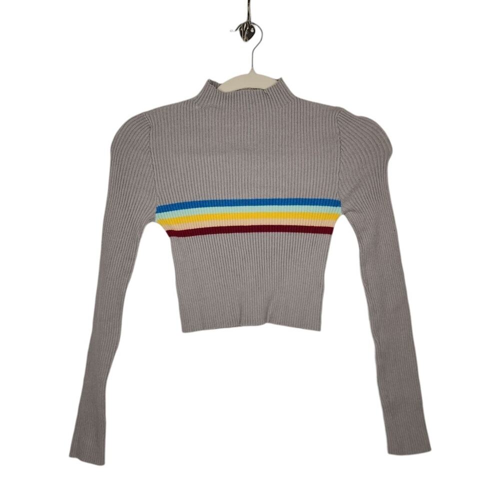 y2k Ribbed Cropped Rainbow Mock Neck Long Sleeve Shirt Ethos Medium